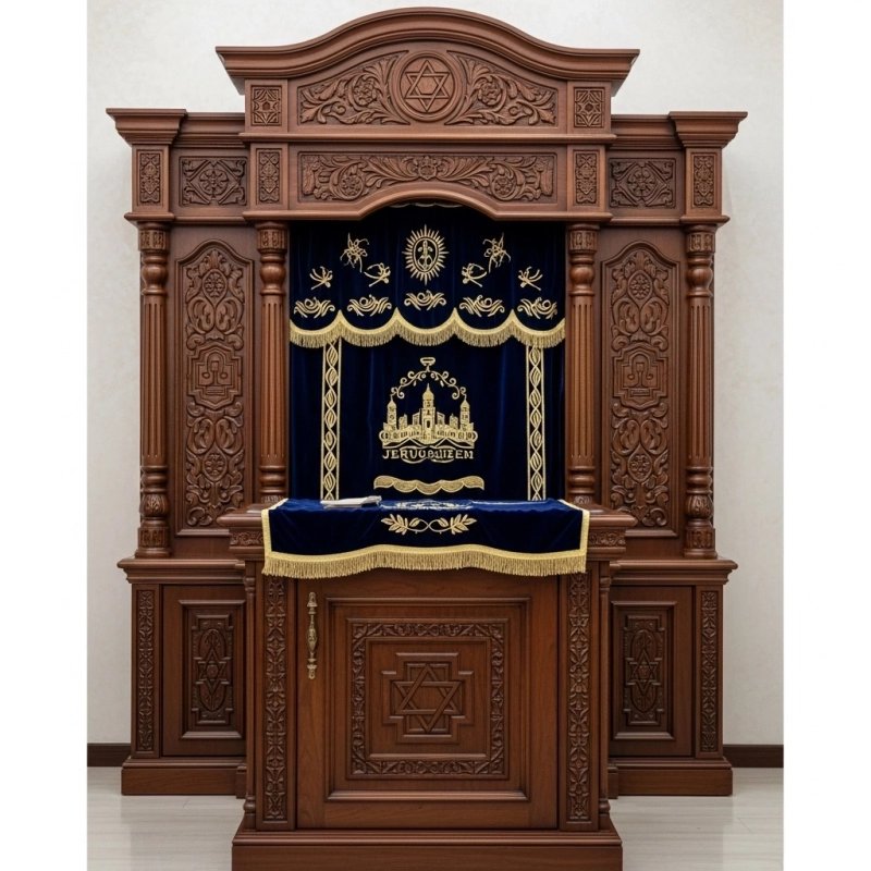 A realistic image of Mahogany Wood Aron Kodesh, Torah Ark hand carvings, image generated by Gemini-2.5-Flash.