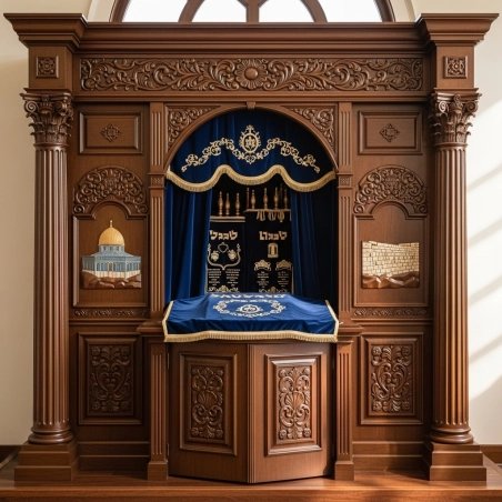 A realistic image of Mahogany Wood Aron Kodesh, Torah Ark hand carvings, image generated by Gemini-2.5-Flash.