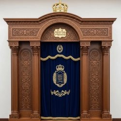 A realistic image of Mahogany Wood Aron Kodesh, Torah Ark hand carvings, image generated by Gemini-2.5-Flash.