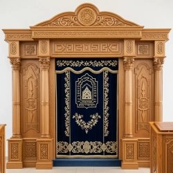 A realistic image of Mahogany Wood Aron Kodesh, Torah Ark hand carvings, image generated by Gemini-2.5-Flash.