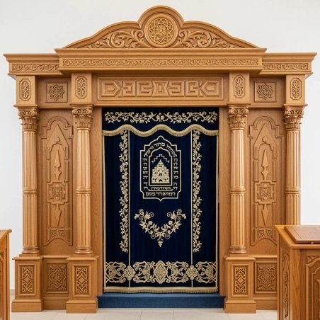 A realistic image of Mahogany Wood Aron Kodesh, Torah Ark hand carvings, image generated by Gemini-2.5-Flash.