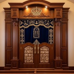 A realistic image of Mahogany Wood Aron Kodesh, Torah Ark hand carvings, image generated by Gemini-2.5-Flash.