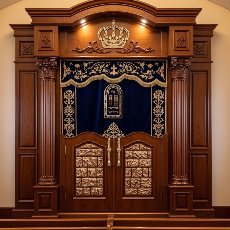 A realistic image of Mahogany Wood Aron Kodesh, Torah Ark hand carvings, image generated by Gemini-2.5-Flash.
