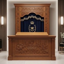 A realistic image of Mahogany Wood Aron Kodesh, Torah Ark hand carvings, image generated by Gemini-2.5-Flash.