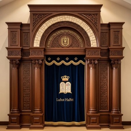 A realistic image of Mahogany Wood Aron Kodesh, Torah Ark hand carvings, image generated by Gemini-2.5-Flash.