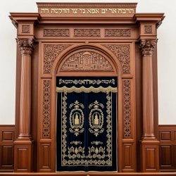 A realistic image of Mahogany Wood Aron Kodesh, Torah Ark hand carvings, image generated by Gemini-2.5-Flash.