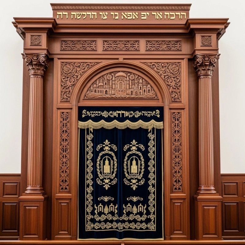 A realistic image of Mahogany Wood Aron Kodesh, Torah Ark hand carvings, image generated by Gemini-2.5-Flash.