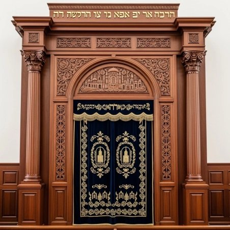 A realistic image of Mahogany Wood Aron Kodesh, Torah Ark hand carvings, image generated by Gemini-2.5-Flash.