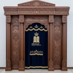 A realistic image of Mahogany Wood Aron Kodesh, Torah Ark hand carvings, image generated by Gemini-2.5-Flash.