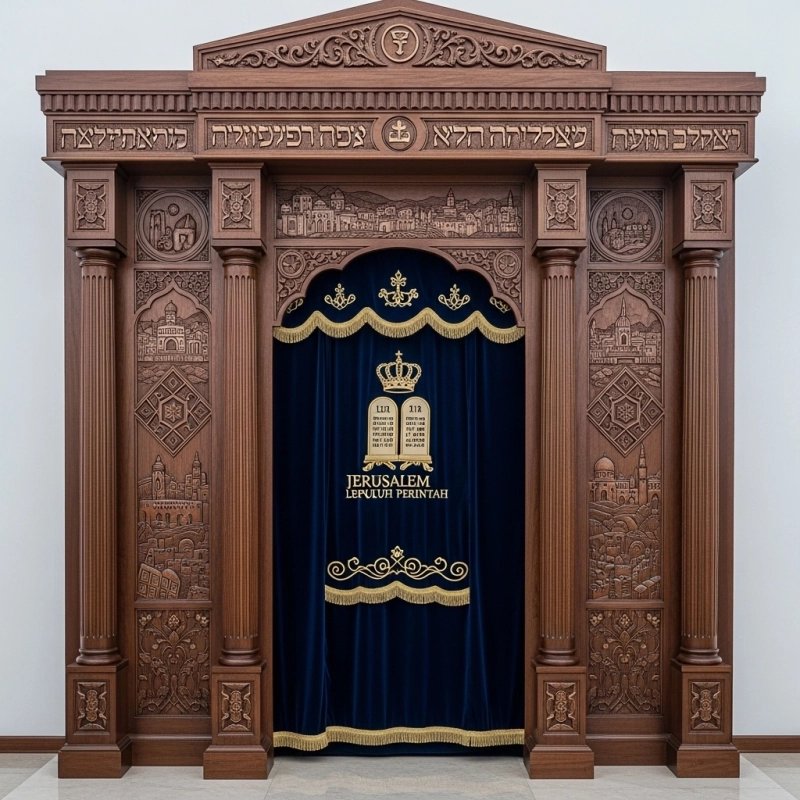 A realistic image of Mahogany Wood Aron Kodesh, Torah Ark hand carvings, image generated by Gemini-2.5-Flash.