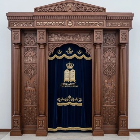 A realistic image of Mahogany Wood Aron Kodesh, Torah Ark hand carvings, image generated by Gemini-2.5-Flash.