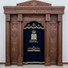 A realistic image of Mahogany Wood Aron Kodesh, Torah Ark hand carvings, image generated by Gemini-2.5-Flash.