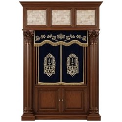 A realistic image of Mahogany Wood Aron Kodesh, Torah Ark hand carvings, image generated by Gemini-2.5-Flash.