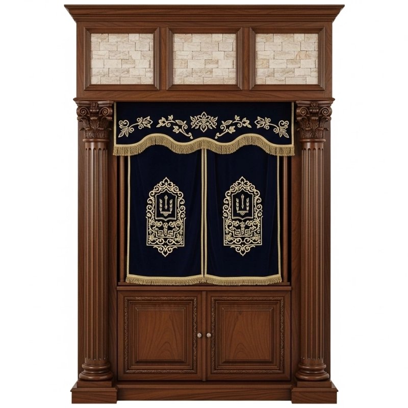 A realistic image of Mahogany Wood Aron Kodesh, Torah Ark hand carvings, image generated by Gemini-2.5-Flash.