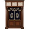 A realistic image of Mahogany Wood Aron Kodesh, Torah Ark hand carvings, image generated by Gemini-2.5-Flash.