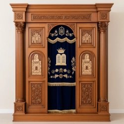 A realistic image of Mahogany Wood Aron Kodesh, Torah Ark hand carvings, image generated by Gemini-2.5-Flash.