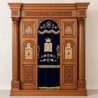 A realistic image of Mahogany Wood Aron Kodesh, Torah Ark hand carvings, image generated by Gemini-2.5-Flash.