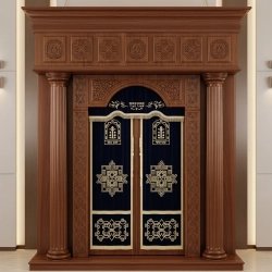 A realistic image of Mahogany Wood Aron Kodesh, Torah Ark hand carvings, image generated by Gemini-2.5-Flash.