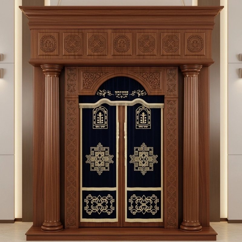 A realistic image of Mahogany Wood Aron Kodesh, Torah Ark hand carvings, image generated by Gemini-2.5-Flash.