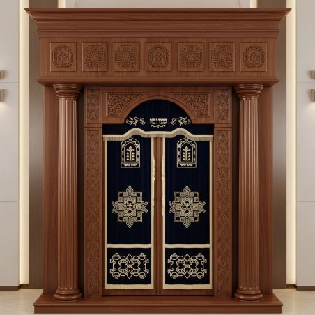 A realistic image of Mahogany Wood Aron Kodesh, Torah Ark hand carvings, image generated by Gemini-2.5-Flash.