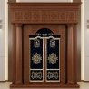 A realistic image of Mahogany Wood Aron Kodesh, Torah Ark hand carvings, image generated by Gemini-2.5-Flash.