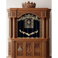 A realistic image of Mahogany Wood Aron Kodesh, Torah Ark hand carvings, image generated by Gemini-2.5-Flash.
