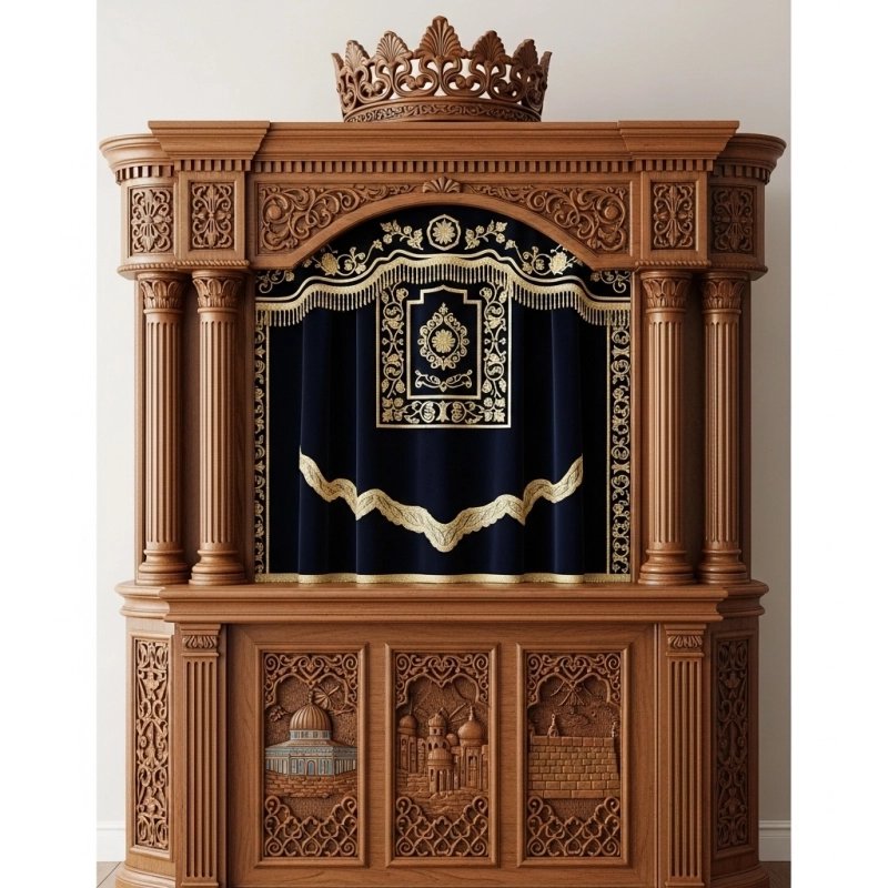 A realistic image of Mahogany Wood Aron Kodesh, Torah Ark hand carvings, image generated by Gemini-2.5-Flash.