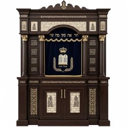 A realistic image of Mahogany Wood Aron Kodesh, Torah Ark hand carvings, image generated by Gemini-2.5-Flash.