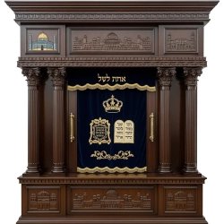 A realistic image of Mahogany Wood Aron Kodesh, Torah Ark hand carvings, image generated by Gemini-2.5-Flash.