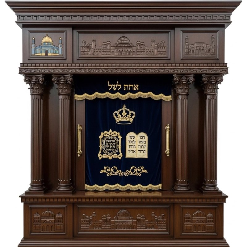 A realistic image of Mahogany Wood Aron Kodesh, Torah Ark hand carvings, image generated by Gemini-2.5-Flash.