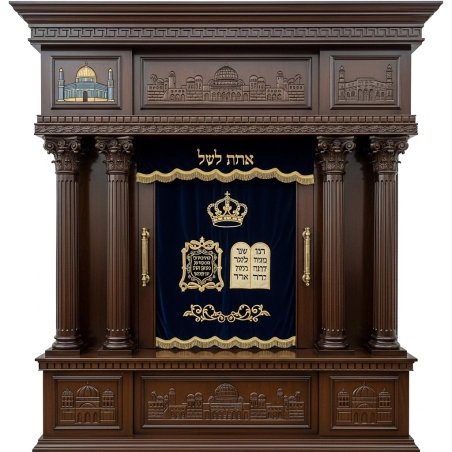A realistic image of Mahogany Wood Aron Kodesh, Torah Ark hand carvings, image generated by Gemini-2.5-Flash.