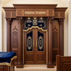 A realistic image of Mahogany Wood Aron Kodesh, Torah Ark hand carvings, image generated by Gemini-2.5-Flash.