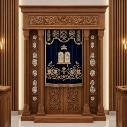 A realistic image of Mahogany Wood Aron Kodesh, Torah Ark hand carvings, image generated by Gemini-2.5-Flash.