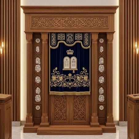 A realistic image of Mahogany Wood Aron Kodesh, Torah Ark hand carvings, image generated by Gemini-2.5-Flash.