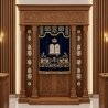 A realistic image of Mahogany Wood Aron Kodesh, Torah Ark hand carvings, image generated by Gemini-2.5-Flash.