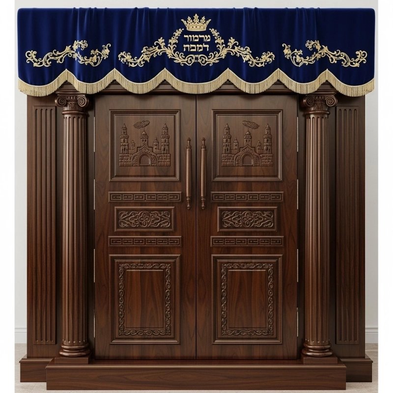 A realistic image of Mahogany Wood Aron Kodesh, Torah Ark hand carvings, image generated by Gemini-2.5-Flash.