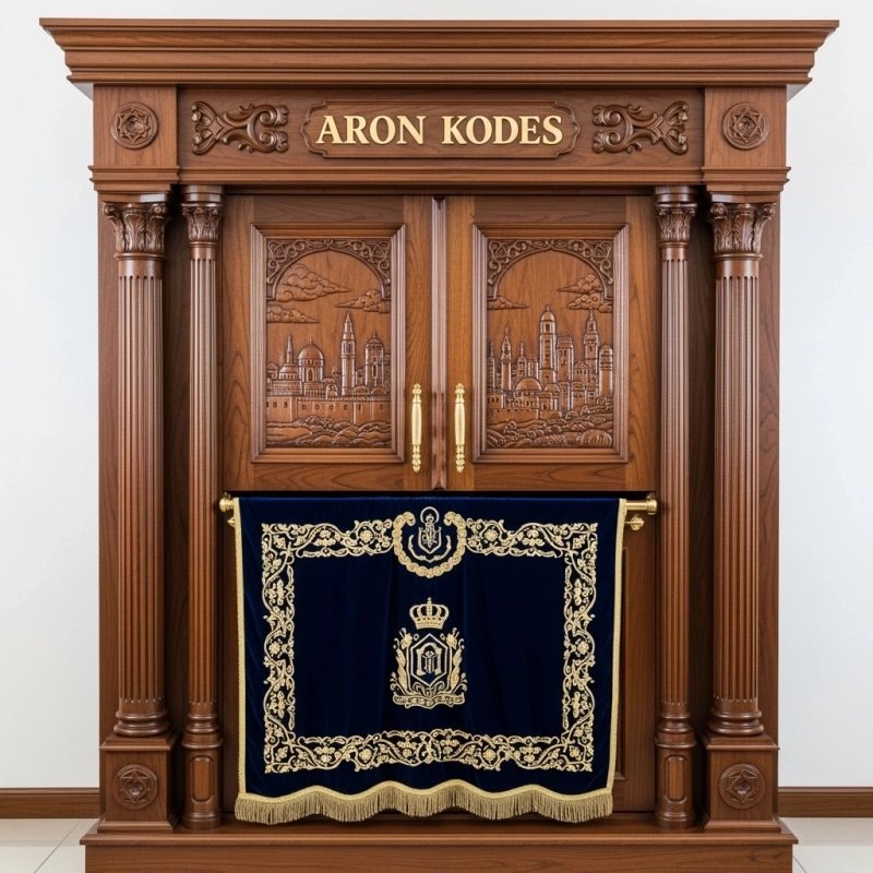 A realistic image of Mahogany Wood Aron Kodesh, Torah Ark hand carvings, image generated by Gemini-2.5-Flash.