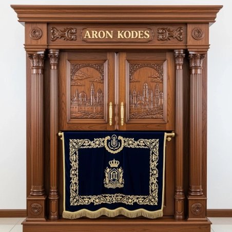 A realistic image of Mahogany Wood Aron Kodesh, Torah Ark hand carvings, image generated by Gemini-2.5-Flash.