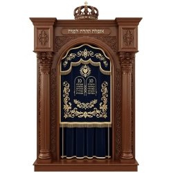 A realistic image of Mahogany Wood Aron Kodesh, Torah Ark hand carvings, image generated by Gemini-2.5-Flash.