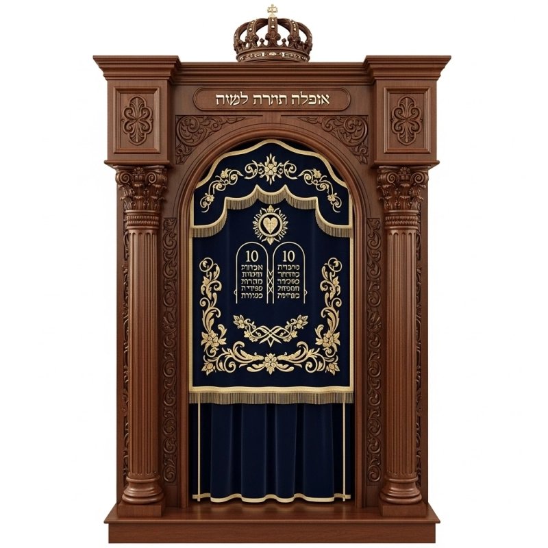A realistic image of Mahogany Wood Aron Kodesh, Torah Ark hand carvings, image generated by Gemini-2.5-Flash.