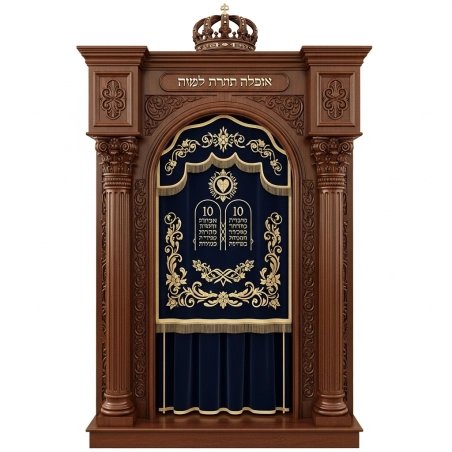 A realistic image of Mahogany Wood Aron Kodesh, Torah Ark hand carvings, image generated by Gemini-2.5-Flash.