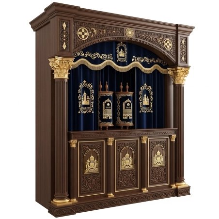 A realistic image of Mahogany Wood Aron Kodesh, Torah Ark hand carvings, image generated by Gemini-2.5-Flash.