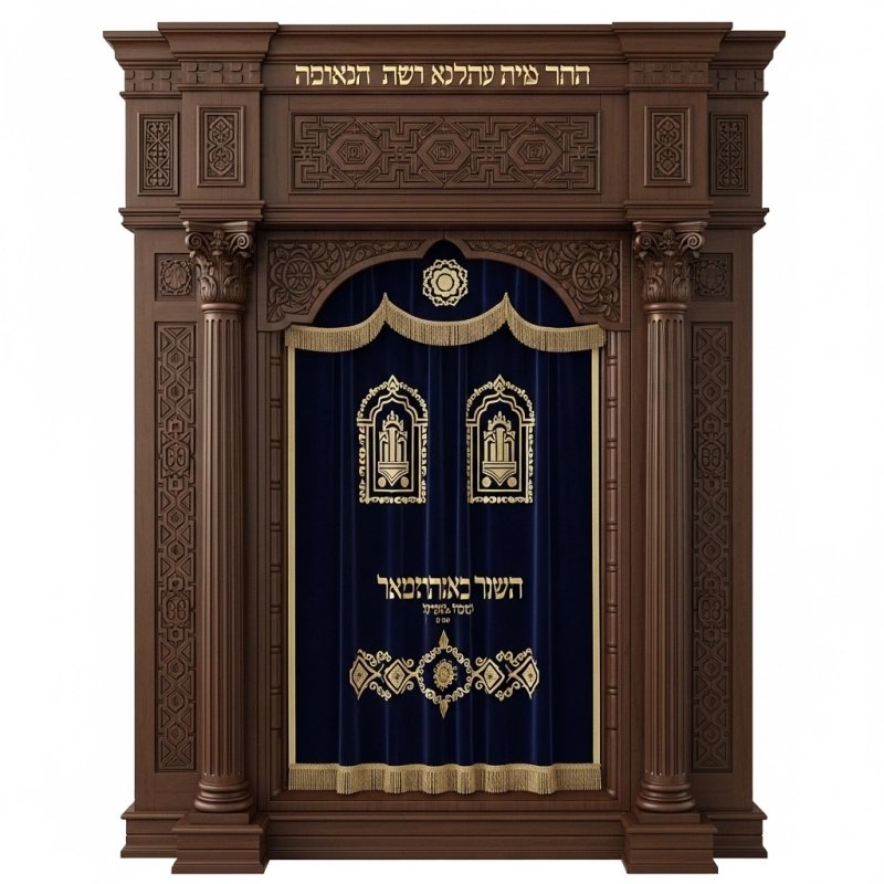 A realistic image of Mahogany Wood Aron Kodesh, Torah Ark hand carvings, image generated by Gemini-2.5-Flash.
