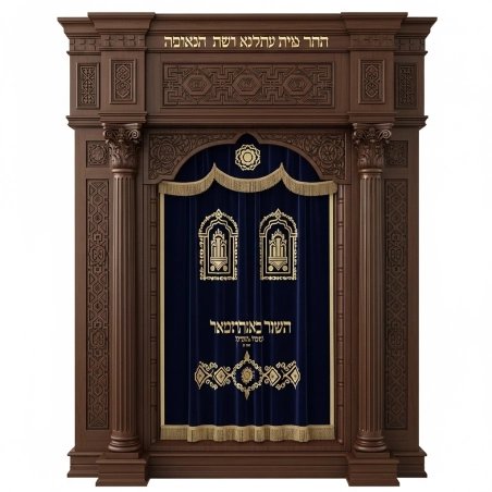 A realistic image of Mahogany Wood Aron Kodesh, Torah Ark hand carvings, image generated by Gemini-2.5-Flash.