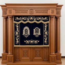 A realistic image of Mahogany Wood Aron Kodesh, Torah Ark hand carvings, image generated by Gemini-2.5-Flash.