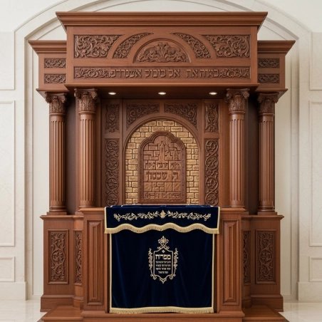 A realistic image of Mahogany Wood Aron Kodesh, Torah Ark hand carvings, image generated by Gemini-2.5-Flash.