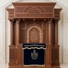 A realistic image of Mahogany Wood Aron Kodesh, Torah Ark hand carvings, image generated by Gemini-2.5-Flash.
