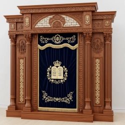 A realistic image of Mahogany Wood Aron Kodesh, Torah Ark hand carvings, image generated by Gemini-2.5-Flash.
