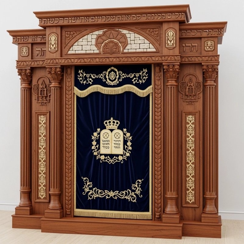 A realistic image of Mahogany Wood Aron Kodesh, Torah Ark hand carvings, image generated by Gemini-2.5-Flash.