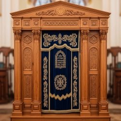 A realistic image of Mahogany Wood Aron Kodesh, Torah Ark hand carvings, image generated by Gemini-2.5-Flash.
